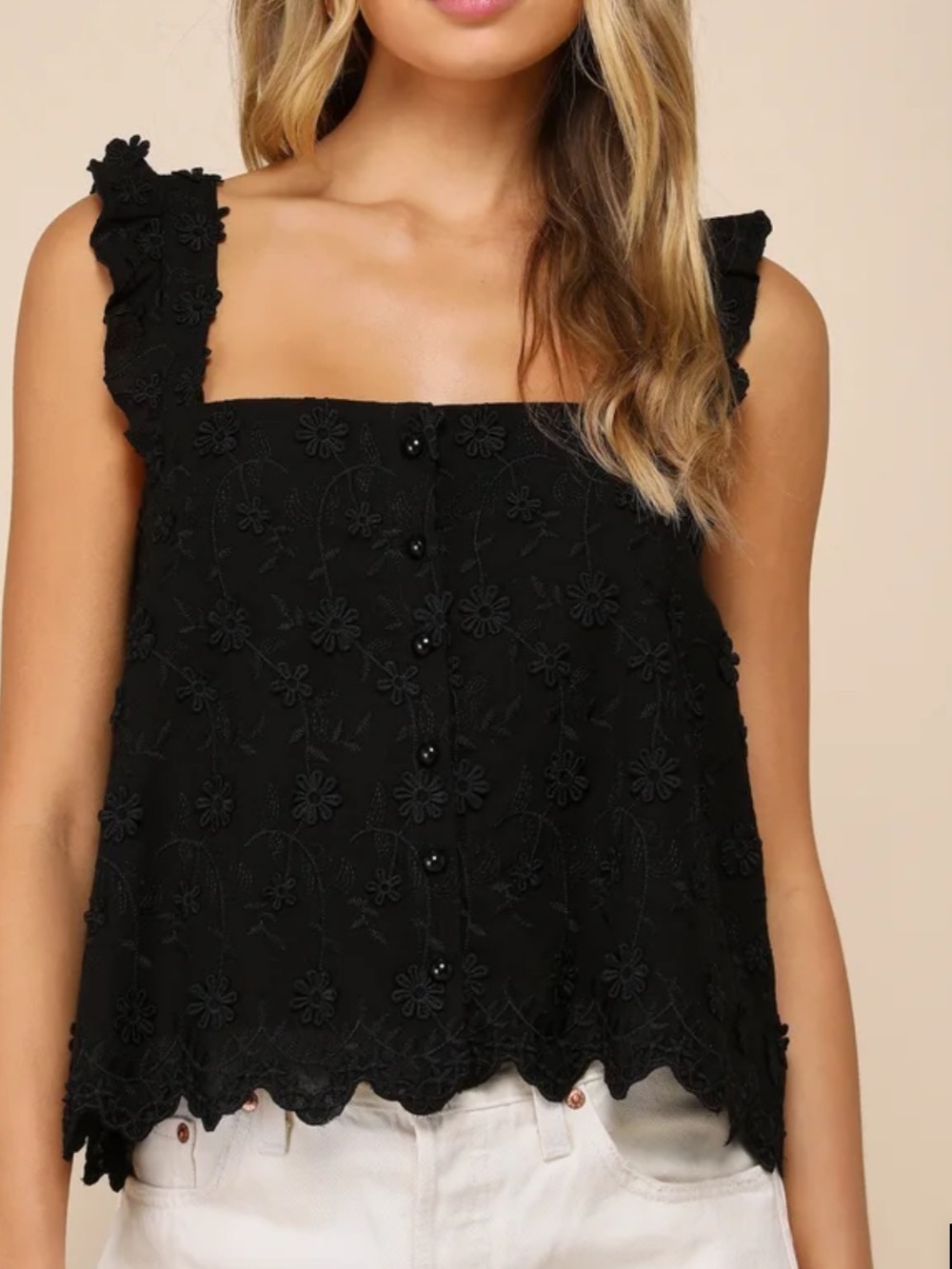 NWT Lulus Cutest Weekend Black 3D Floral Embroidered Tie-Back Tank Top Sz. S - Picture 6 of 7